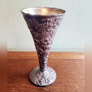 Silver Plate Fluted Trumpet Vase with Embossed Flowers
